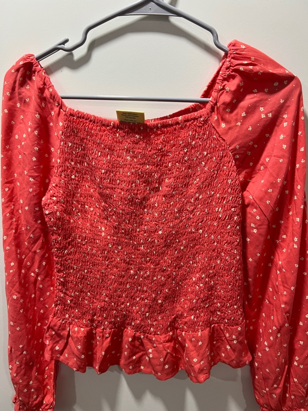 Women's Red Smocked Long-Sleeve Blouse